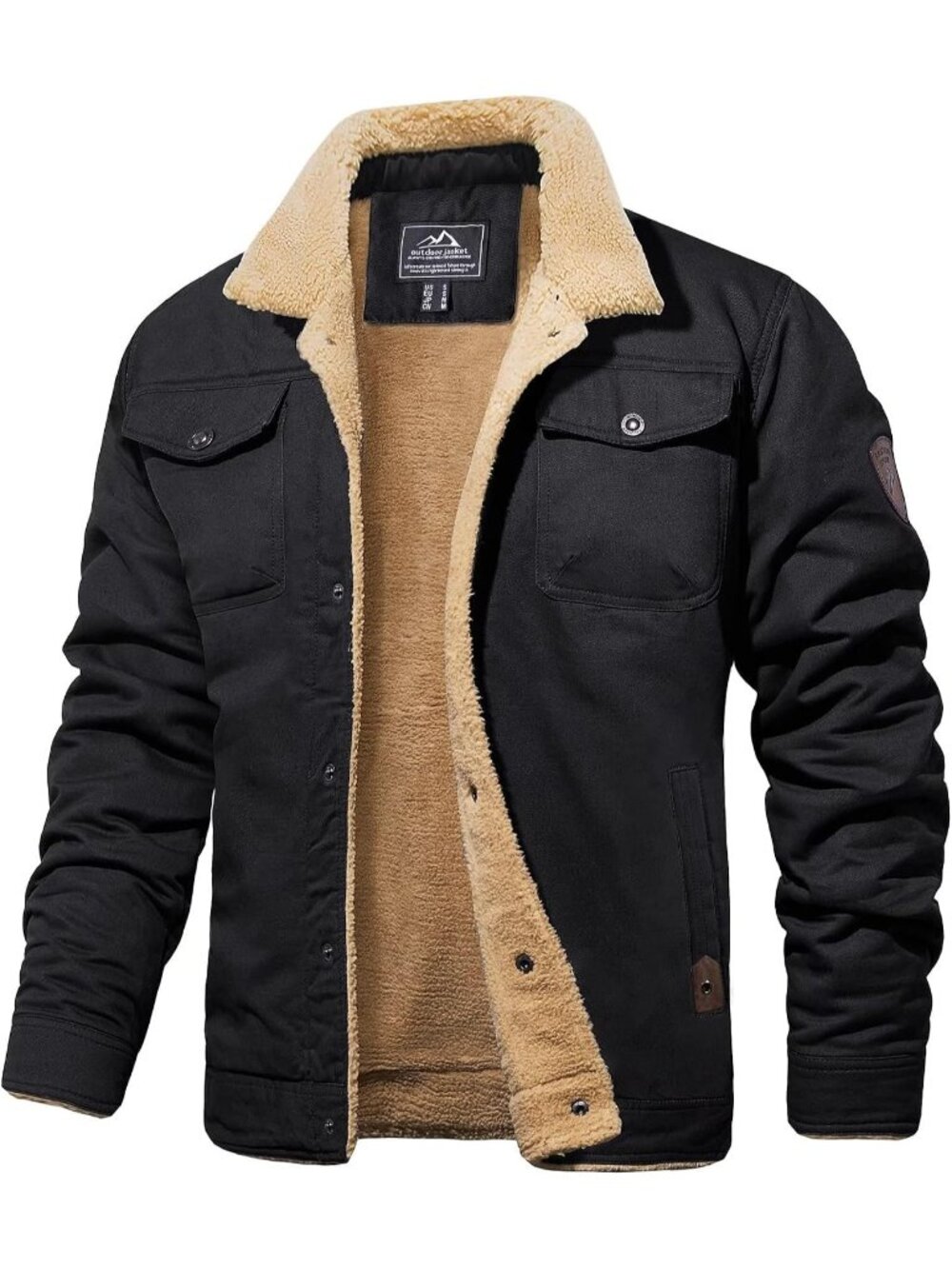 Mens Black Sherpa Fleece Jacket Winter Cotton Truck Coat Warm Casual Outerwear